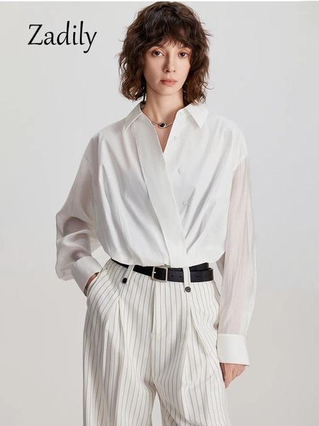 Camicette da donna 2024 Office estate Lady Women Cotton White Shirt White Asimmetrical Button Up Slim Waist Work Bloge Abbiglia