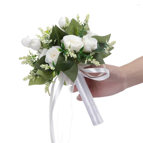 Flores decorativas Noiva segurando buquê de casamento artificial de rosa natural com fita de cetim de seda rosa dama de honra branca