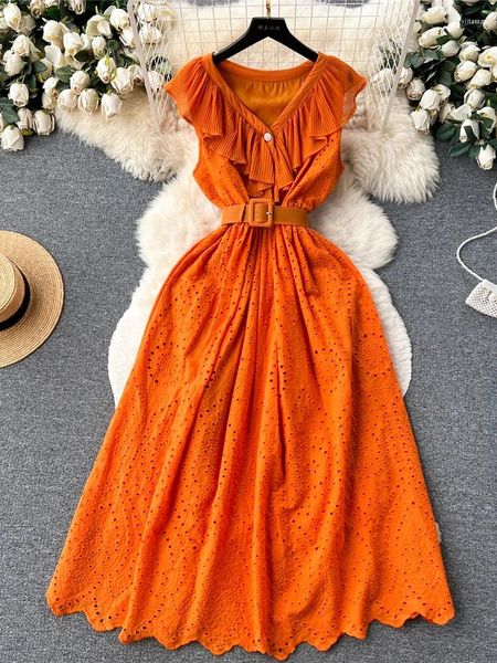 Lässige Kleider Sommer Frauen rot/orange/lila Hollow-out bestickte Kleid Vintage V-Neck Mesh Rüsche Hochtüfende Party Vestidos Weibliche Robe