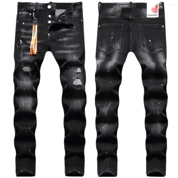 Jeans masculinos Moda hipster preto cinza tinta de tinta esticada DOT Decorada zíper do cordão rasgado para homens