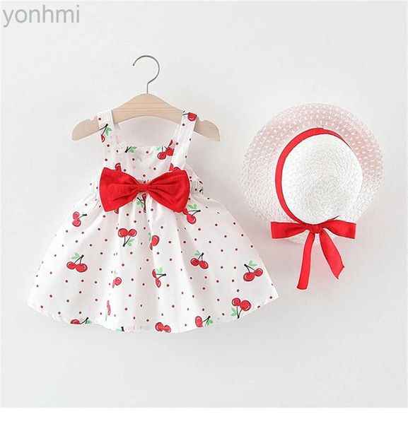 Mädchenkleider Mädchen neue ärmellose Kleider Kinder Rücken Elastizität kleiner Punkt Kirschdruck Bow Prinzessin Kleid+Hut zweiteilige Set D240423