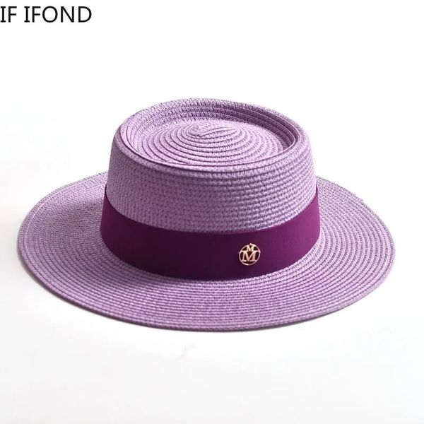 Sommerstroh Sonnenhüte für Frauen Ladies Mode Flat Brim Ribbon Beach Hut Reisekappe Chapeau Femme 240419