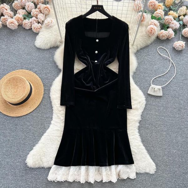 Lässige Kleider Msharbor Hepburn Stil Luxus Samt Fischschwanz Kleid Frauen Vintage Spitze überblättern Saum Slim Party Abend Paket Hip Hip