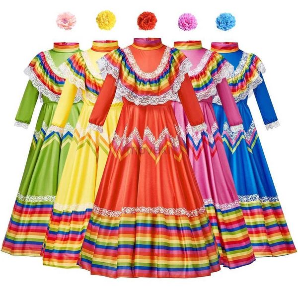 Vestidos étnicos meninas tradicionais mexicanos dançarinos folclóricos vestido nacional mexico estilo bohemia cigana de flagnival Party D240419