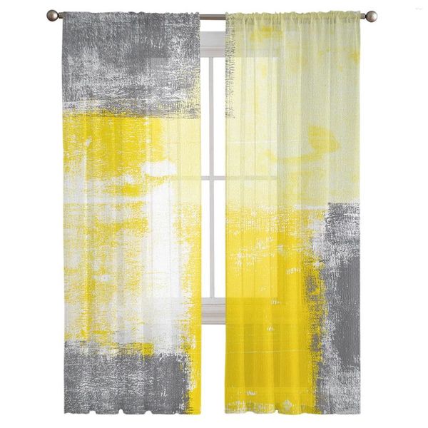 Cortina geométrica abstrata pintura a óleo amarelo cortinas de tule para decoração de casa decoração sala de estar cozinha voile cortina cega