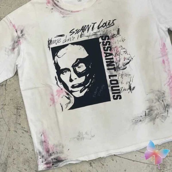 Erkek Tişörtleri Büyük Boy Saint Tişörtleri Sıçrayan Mürekkep Old Devil Fragment Kısa Kızak Üstleri Yapmak Tees Vintage Street Giyim Beyaz Erkekler Kadın Tshirt J240419