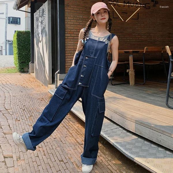 Kadın Kotları Kadın Denim Kayış Pantolon Tulum Çok Cocket Street Giyim Modeli Hip Hop Gevşek Rahat Derin Mavi Geniş Bacak Kargo Pantolon