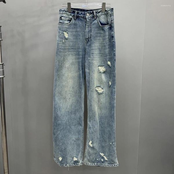 Женские джинсы классический оригинальный дизайн большой дыры высококачественные модные ретро -роскошные штаны Retro Retro