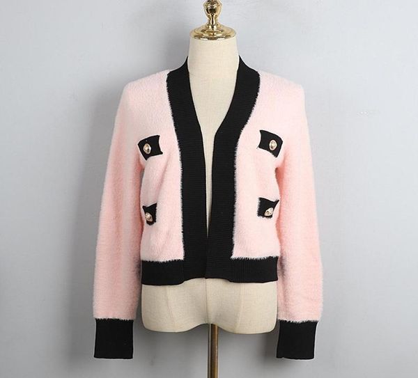 Women039s magliette magliette di alta qualità 2021 dehaired angora corta capispalla donna contrasto pulsante color patchwork cardigan mageater8794739