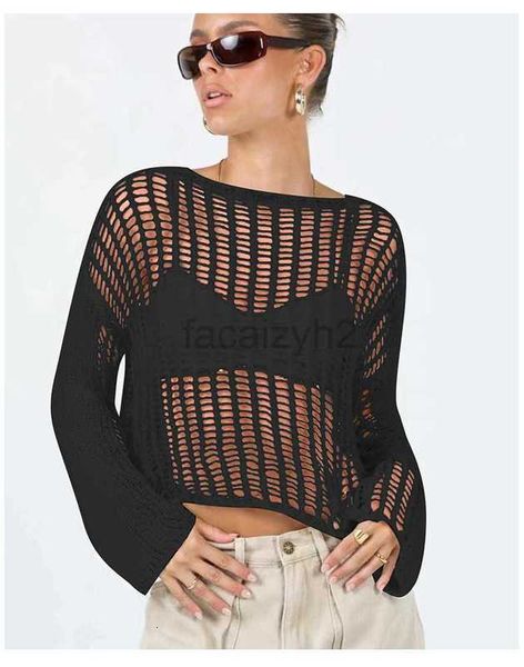 Damen T -Shirt Sexy Tees Langarmed ausgehöhltes gestricktes Netzhemd für Frauen Sommer dünne Sonnenschutz Deckung 2024 Frühjahr Neue Oberbekleidung Plus Größe Tops