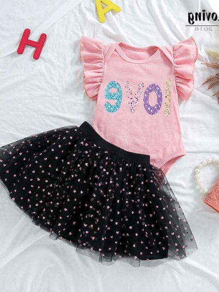 2024 Day Valentine's Baby Girl Dress Set con lettere stampate occidentali che volavano a metà gonna set di abiti da 2 feste ES