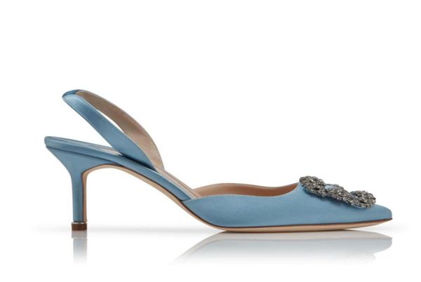 Женщины одеваются туфли насосы бренды высокие каблуки Hangisli Sky Blue Satine