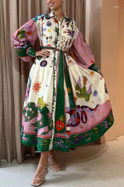 Sıradan Elbiseler Kadınlar Fransız Maksi Elbise Çiçek Baskılı Gevşek Pamuk Artı Boyut A-Line Fener Sleeve Vestidos Mujer Klasik Cobles