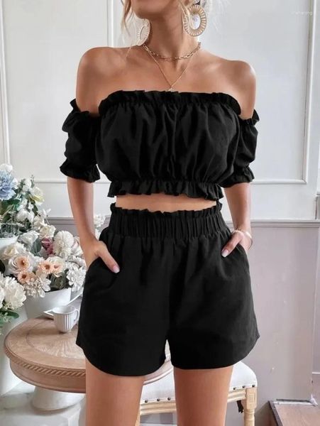 Arbeitskleiderhosen Set für Frauen Off-Shoulder-Schnurte Ziehen und Shorts zweiteilige Sets Damen-Outifits