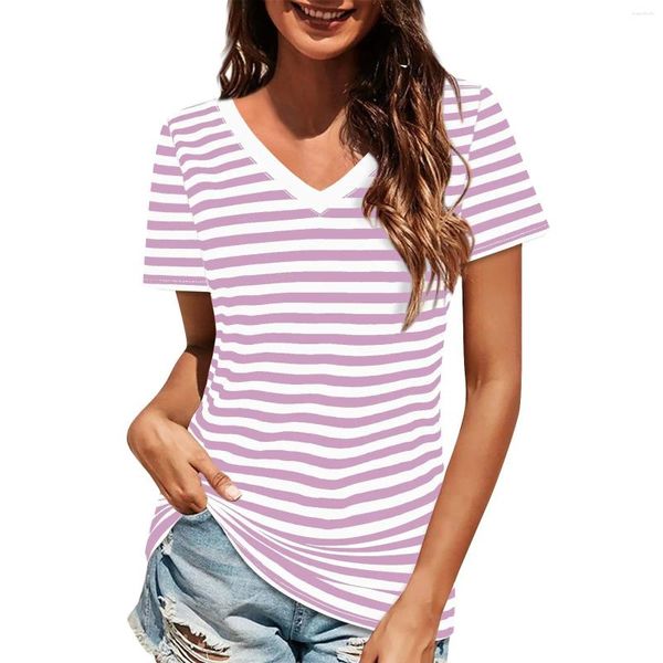 Damen T-Shirts Damen T-Shirts gegen Nacken Kurzarm Tops T-Shirt Striped Print Bluse Mode und einfache Kleidung T-Shirts