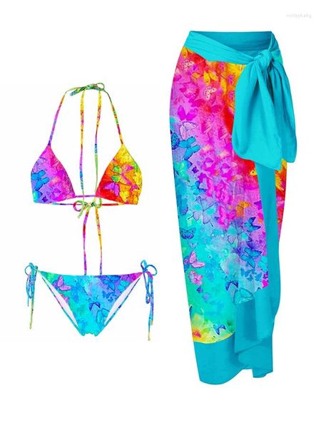 Costumi da bagno femminile cambiamento graduale di colore contrasto signore da donna bikini farfalla stampare costiera da bagno a due pezzi da bagno in spiaggia e copertura