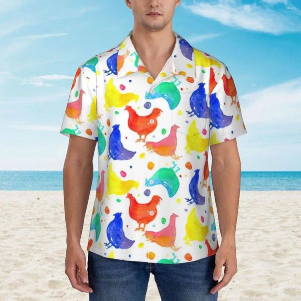 Camisas casuais masculinas coloridas camisa de praia de galinha aquarela estampa de animal havaiano homem blaus vintage manga curta harajuku roupas