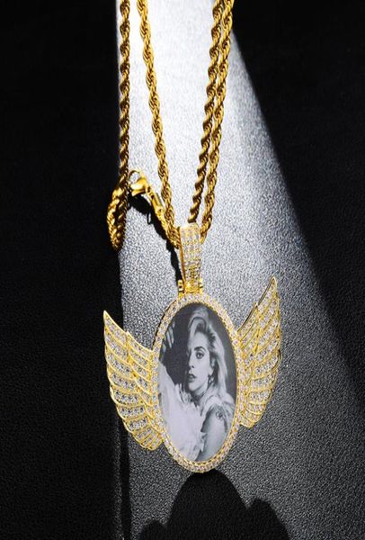Po de ouro de ouro prateado com medalhões de asas pode abrir o colar de pingente de zircão cúbico Homens Hiphop Jewelry8323037