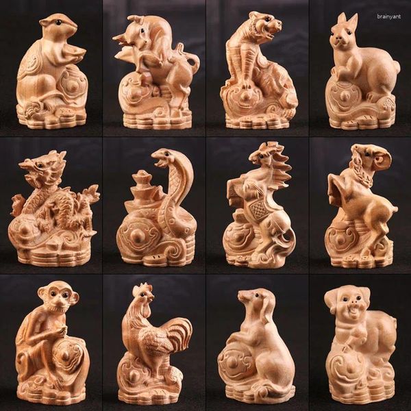 Декоративные фигурки персиковой дерево двенадцать зодиака деревянного резьба из мыши для мыши тигр дракон -змея Снейк Стол
