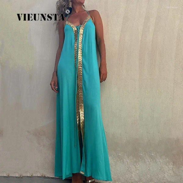 Vestidos casuais Mulheres Vestido de festa de férias vestidos elegantes costura de renda maxi verão sexy halter backless drapeado longo