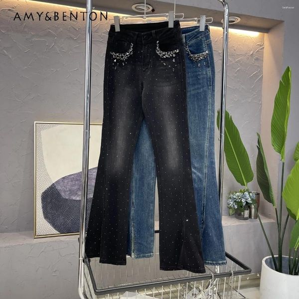 Jeans femininos pesados feitos à mão Dioma e as calças de bootcutas de jeans de alto grau de outono de alto grau de calça graciosa de sino de sino de algodão