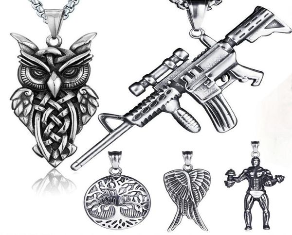 Retro Ancient Silver Hip Hop Halskette Schmuck Set Edelstahl -Motorrad -Waffen -Eulen Engelsbaum des Lebens Anhänger Halsketten mit 9336421