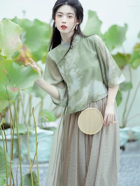 Arbeitskleider Fee Hanfu Vintage Zwei-teilige chinesische Ständerkragen Tinte gedruckt Chiffon Top Loose Long Rock Elegantes weibliches Outfit