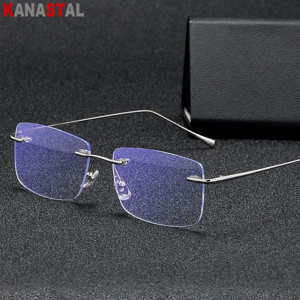 Homens sem aro azul bloqueio de óculos de leitura feminino de metal computlas de computador quadro óptico CR39 Lense de prescrição Eyewear 240419