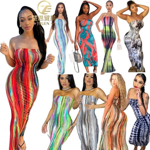 Abiti casual fuori spalla senza spalline Bodycon Maxi Tube Top Sunspesses sexy di alta qualità Donne Summer 2024 Fashion Contrast Color Wrap