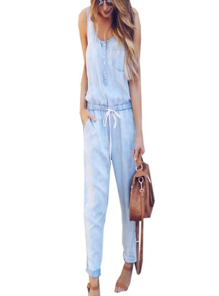 Sommer 2018 Overalls Damen Arbeit Eis Kleidung hell dunkelblaue Jeans ärmellose Langhosen Hosen lässig losen Jumpsuit9983169