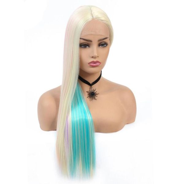 22 -дюймовый прямой кружево -синтетический парик для белых женщин Blonde Blonde Blue Pink красочный радужный косплей для Fairy8361569