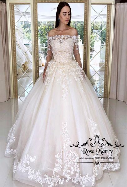 Prinzessin Lace Ball -Kleid -Brautkleider 2019 von Schulter Langarm 3D Blumen viktorianische Prinzessin Vestido de Novia Brautkleider8338566