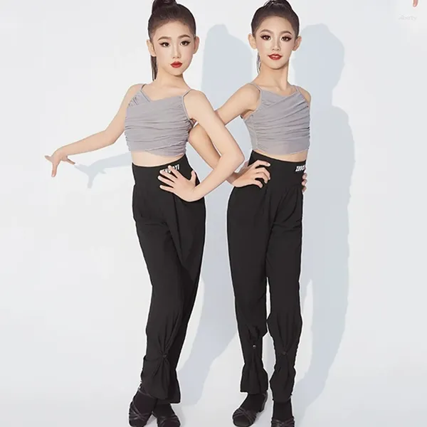 Stage Wear Girls Black Latin Dance Pants sem mangas Crop top Tango Rumba Cha Performance Competition Clothing VDL153