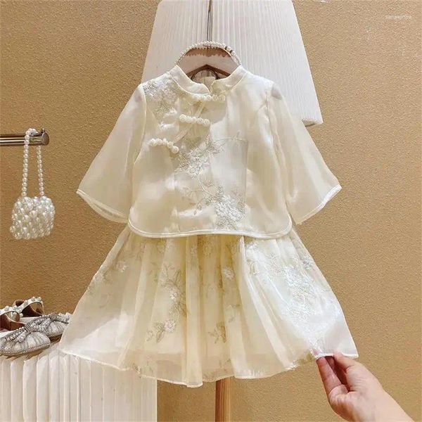 Одежда набор китайского стиля девочек Hanfu Kids Outfit 2pcs Set Spring Summer Girl Mite Fashion Top Top Short юбка с двумя частями