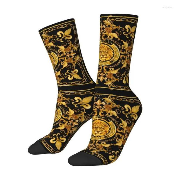 Herrensocken Luxus Goldene Europa Blumen Löwen Männer Frauen Crew Unisex Süßes 3D -Druck Barock Kleid