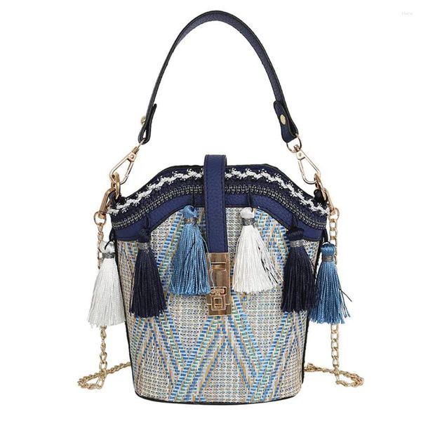 Kadınlar için çanta çantaları 2024 Vintage Beach Straw Etnik Stil Kurdele Tassel Rüzgar Messenger #