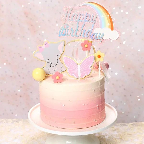 Partyversorgungen Bogen Elefanten Kuchen Topper Golden Pink Schmetterling Blumendekoration Mädchen Baby Prinzessin Geburtstagdekoration