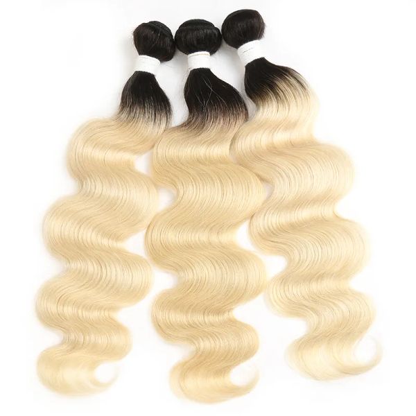 Уэфтс реальное качество 3pcs ombre blonde blonde малазийские волосы плетение пучков для волос волна темные корни.