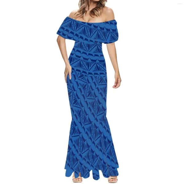 Lässige Kleider Hawaii Sommer One-Shoulder Sexy Long Rock Tattoos Print Blue Beach Kleider eleganter Frauen Kurzarm Fischschwanz