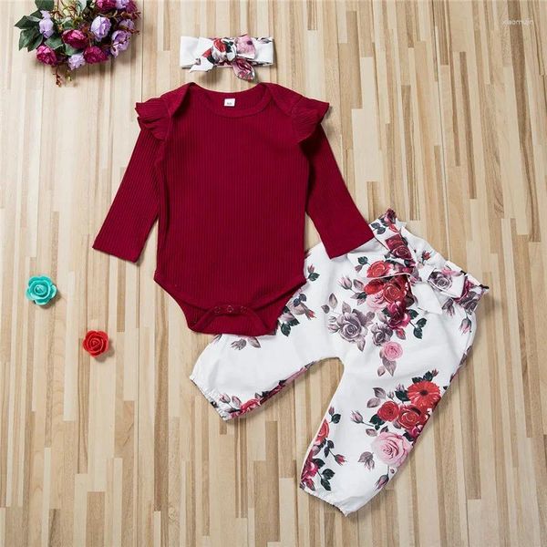 Kleidungssets 0-24 Monate Baby Girls 3pcs Set Langarm Rippte Knopf Strampler Blumen Taillengürtel Hosen Bogen Haar Band-Outfit für Säuglingsmädchen