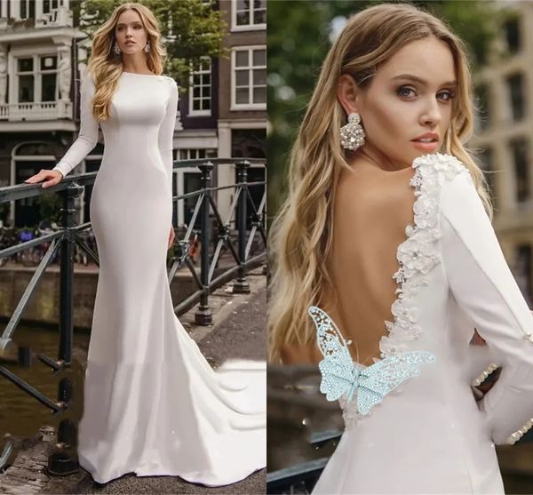 Abiti da sposa Minimalista Simerosa Sermata Boho Giardino Maniche lunghe abiti da sposa sexy Open Back 3d Fiori 3D Treno di corte Elegante Bride Spot DE MARIEE YD