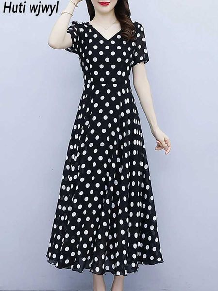 Temel Sıradan Elbiseler Yaz Şifon Polka Dot Rahat Plajı Uzun Elbise Kadın Zarif Parti Giyim 2024 Koreli Vintage Siyah Şık Prom Maxi Robe 240419