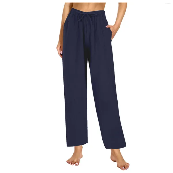 Calça feminina casual para cor sólida em estilo simples elástico elástico alta cintura calcinha de bolso de bolso francês de pijama calças