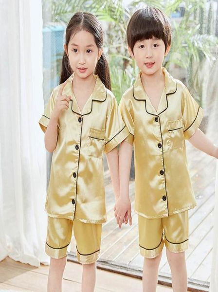 Pyjamas Kinder Pyjama Kinder Weihnachten Satin Seiden Pyjama Sets für Teenager Jungen Kinder 039s Tragen Sommermädchen2110922