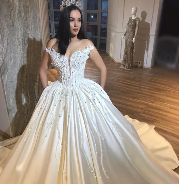 DuBai Princesa Aline Vestido de noiva Veja através de jóias pérolas de pescoço de miçangas vestidos de noiva elegantes swee sweep wedding8679639