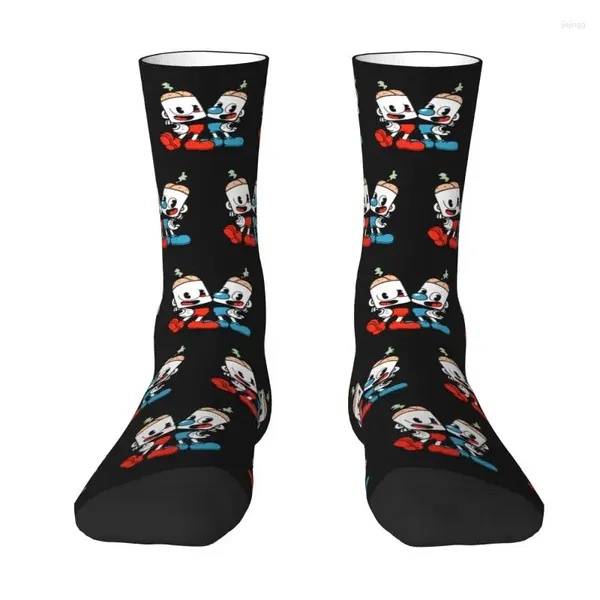 Meias masculinas divertidas para homens desenhos animados Cuphead Mugman Dress Unisex Warm Blusbale 3D tripulação impressa