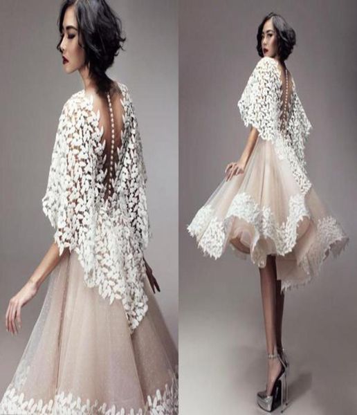 Vestidos de noite curta da primavera de 2016 xale de renda uma linha Organza Champagne See através de vestidos de festa sem costas