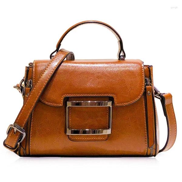 Drawschnellfrauen Cross Body Umhängetasche Tasche Handtasche Echtes Leder Mode Retro Öl Wachs Cowhide weibliche Dame Top Griff Messenger