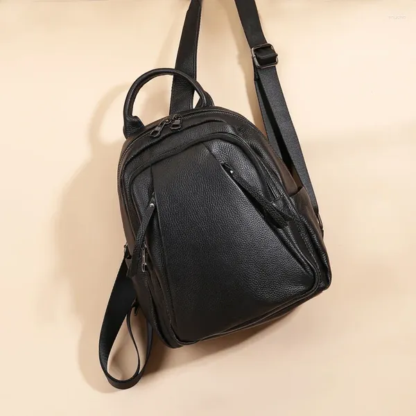 Bolsas escolares backpack de couro genuíno casual feminino preto em primeira camada mochilas de vaca fashion ladies saco de shouder duplo