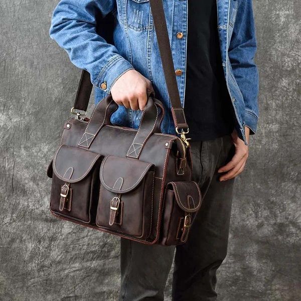 Briefzüge echter Leder -Männer Aktentasche Vintage Crazy Horse Male Laptop Bag Business Messenger Arbeit TOTE Schulter Schulter